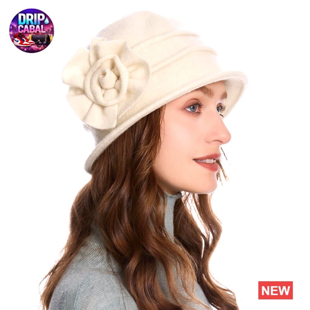 Wool Blend Vintage Cloche Bucket Hat with Stitched Flower Accent